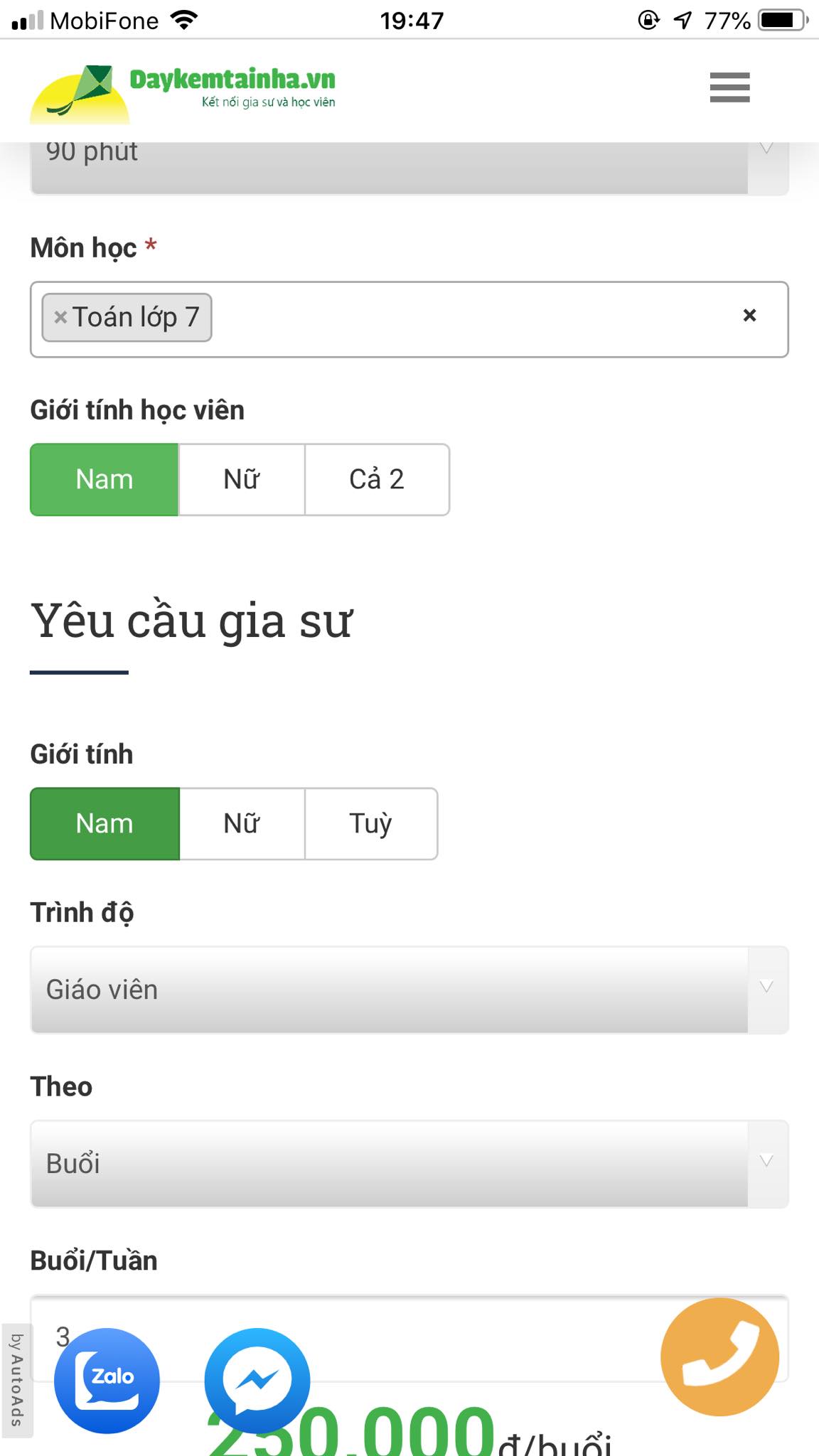 Học phí Toán lớp 7